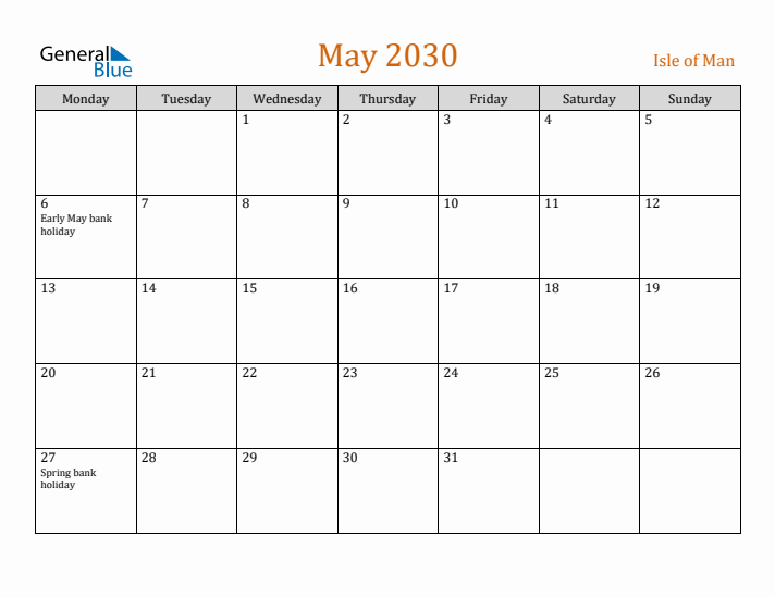 May 2030 Holiday Calendar with Monday Start