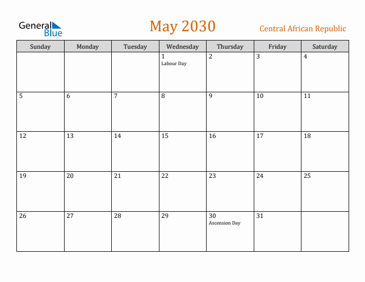 May 2030 Holiday Calendar with Sunday Start