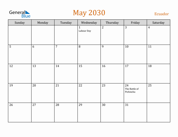 May 2030 Holiday Calendar with Sunday Start