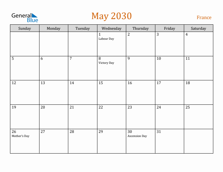 May 2030 Holiday Calendar with Sunday Start