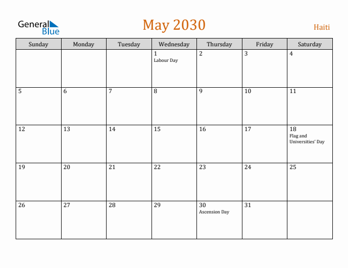 May 2030 Holiday Calendar with Sunday Start