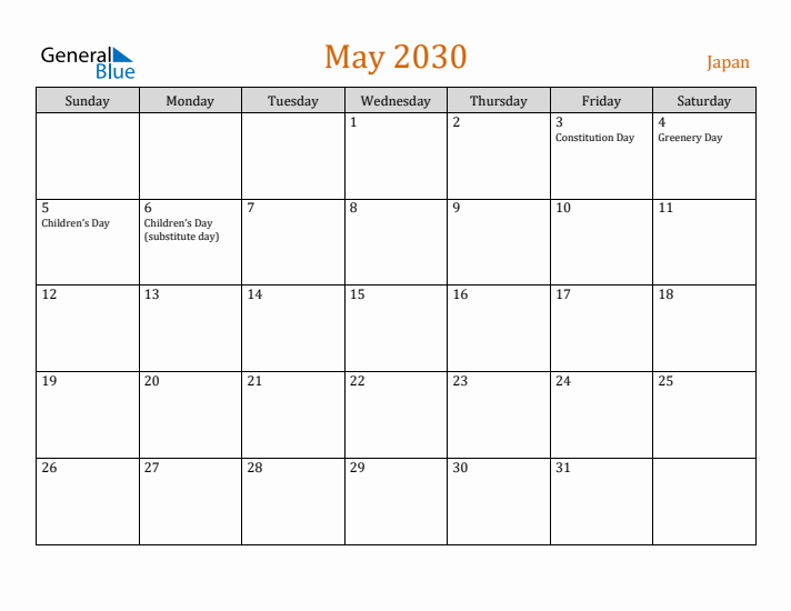 May 2030 Holiday Calendar with Sunday Start