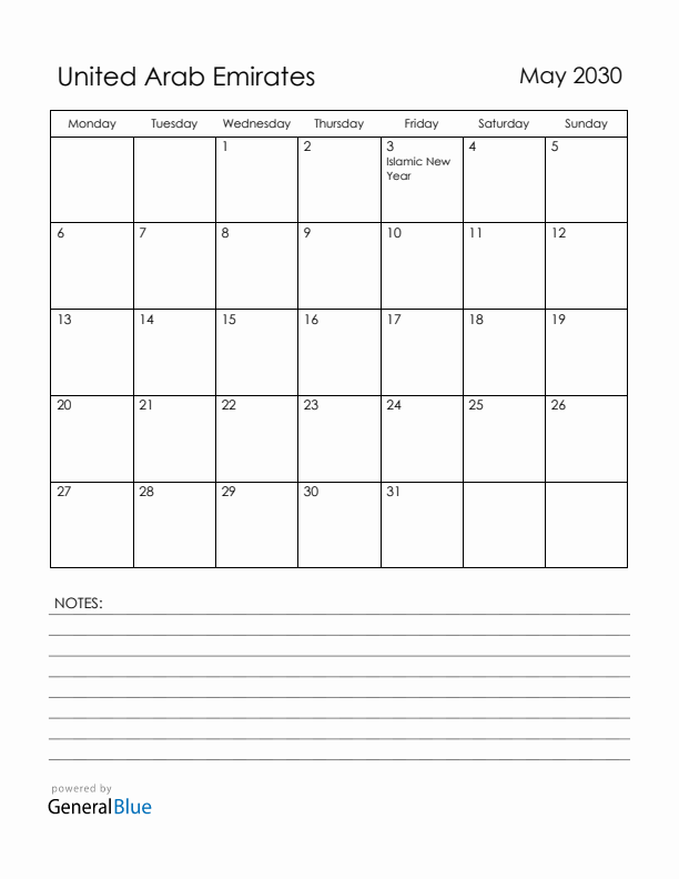 May 2030 United Arab Emirates Calendar with Holidays (Monday Start)