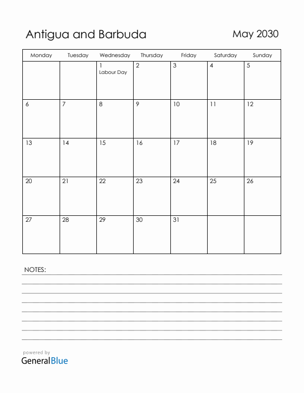 May 2030 Antigua and Barbuda Calendar with Holidays (Monday Start)