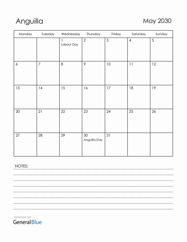 May 2030 Anguilla Calendar with Holidays (Monday Start)