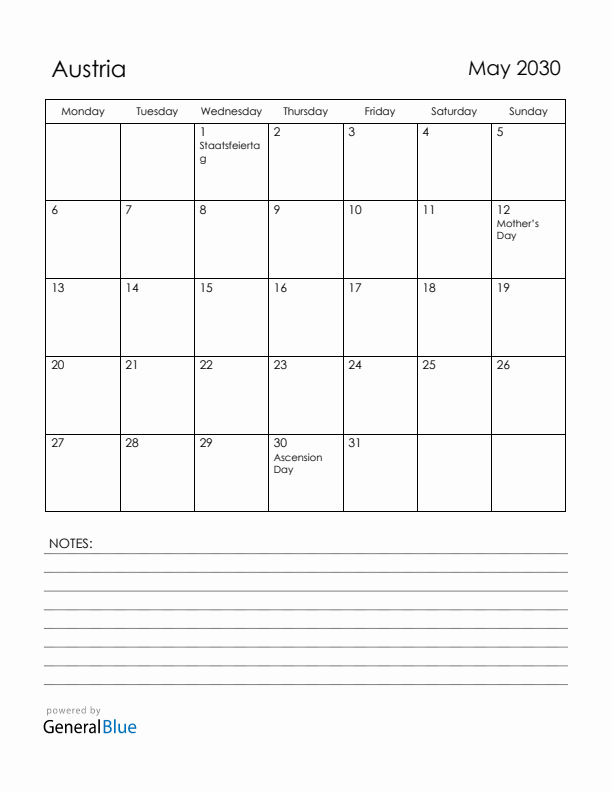 May 2030 Austria Calendar with Holidays (Monday Start)