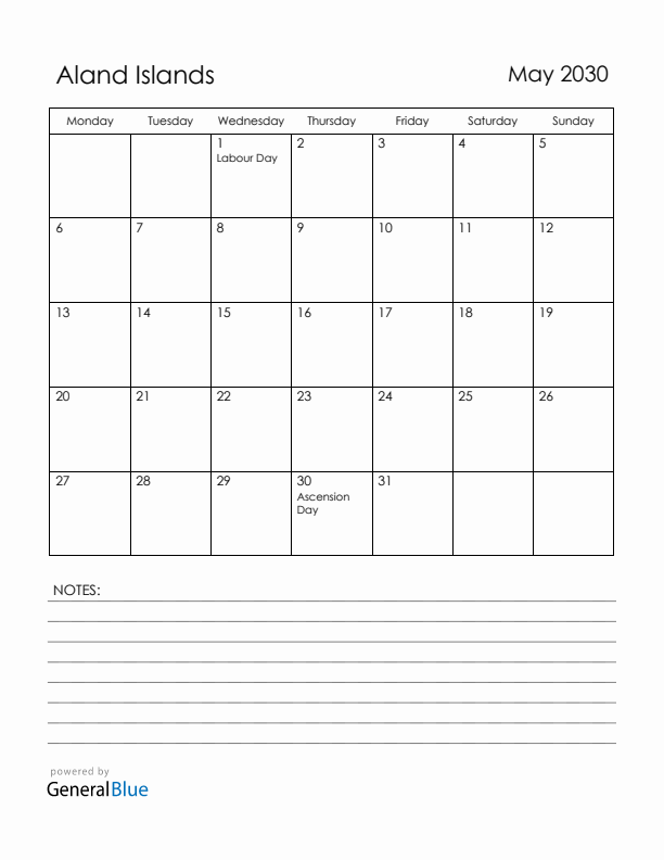 May 2030 Aland Islands Calendar with Holidays (Monday Start)