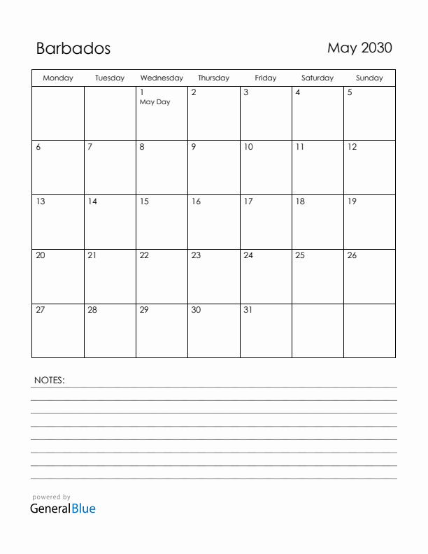 May 2030 Barbados Calendar with Holidays (Monday Start)