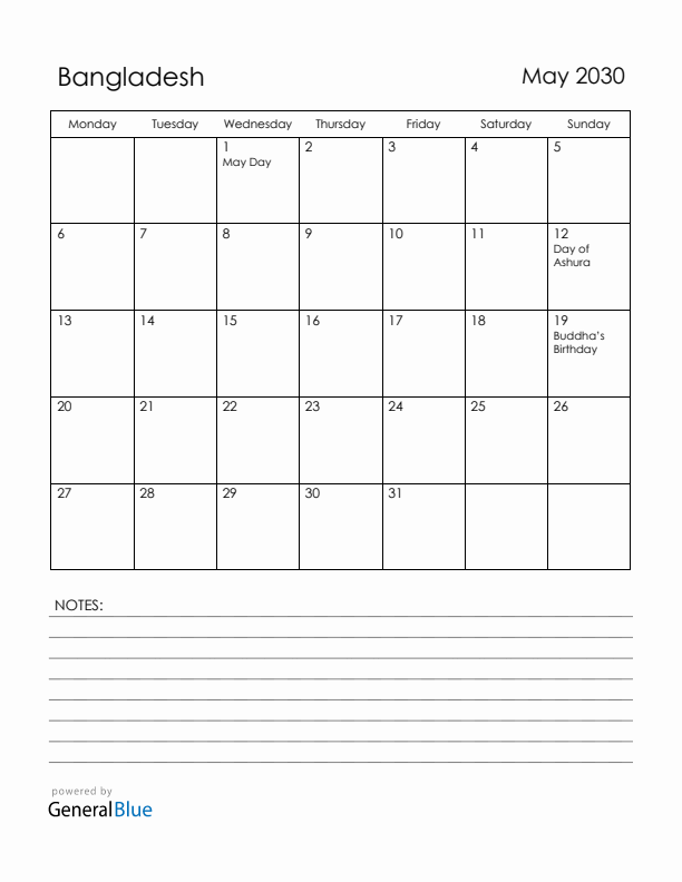 May 2030 Bangladesh Calendar with Holidays (Monday Start)