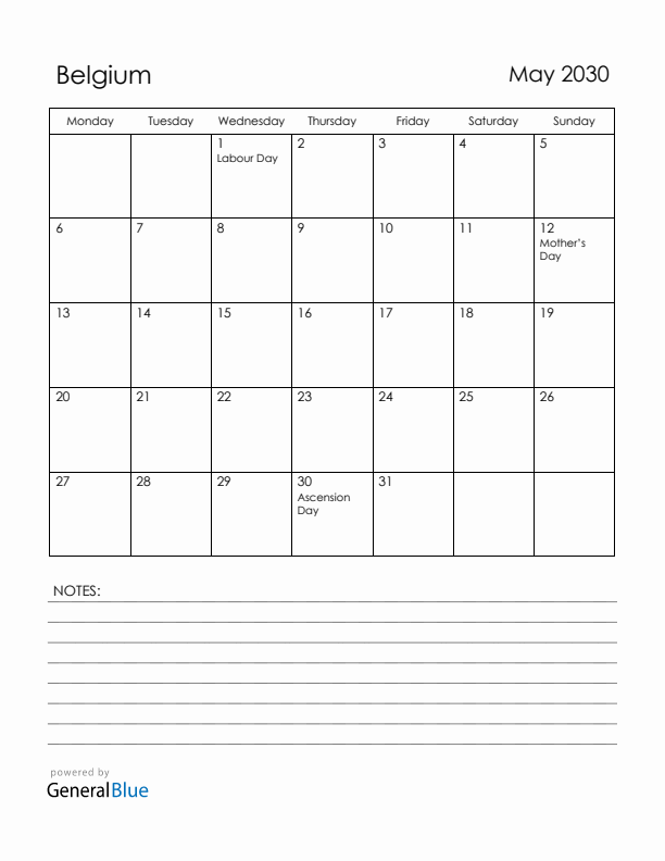 May 2030 Belgium Calendar with Holidays (Monday Start)