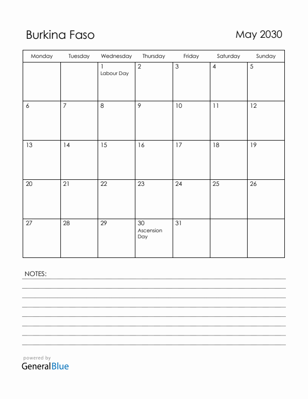 May 2030 Burkina Faso Calendar with Holidays (Monday Start)