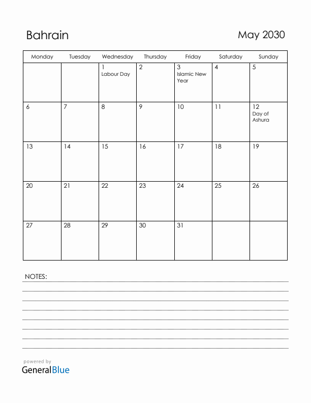 May 2030 Bahrain Calendar with Holidays (Monday Start)