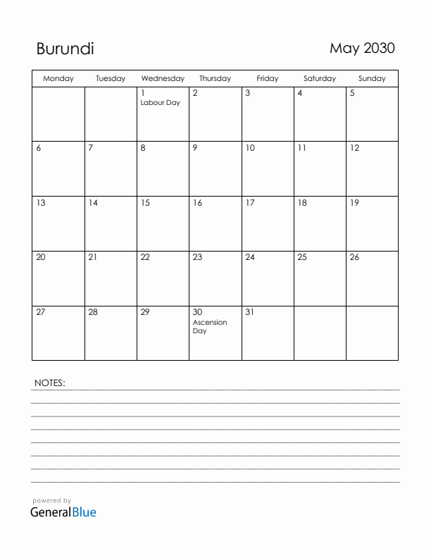 May 2030 Burundi Calendar with Holidays (Monday Start)