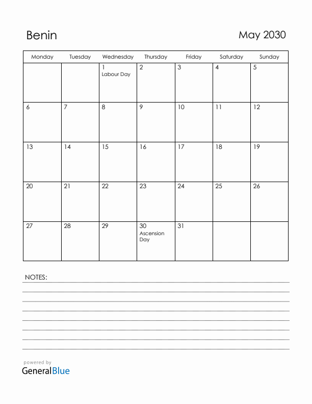 May 2030 Benin Calendar with Holidays (Monday Start)