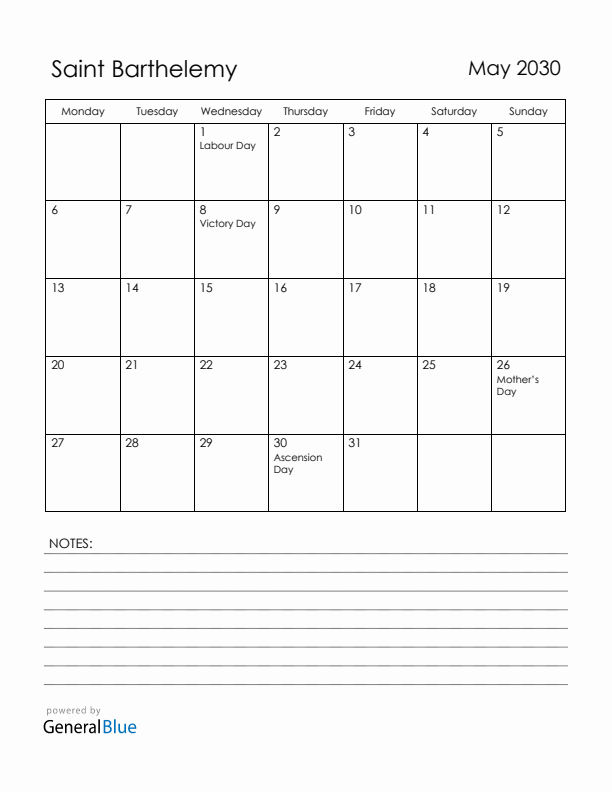 May 2030 Saint Barthelemy Calendar with Holidays (Monday Start)