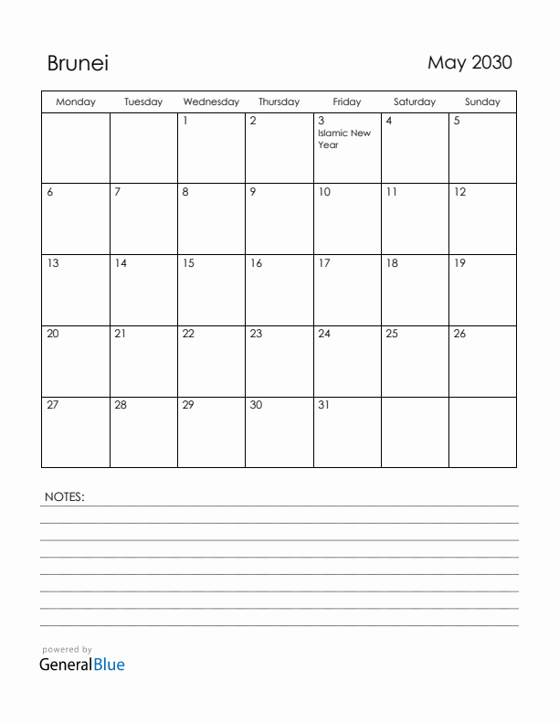 May 2030 Brunei Calendar with Holidays (Monday Start)