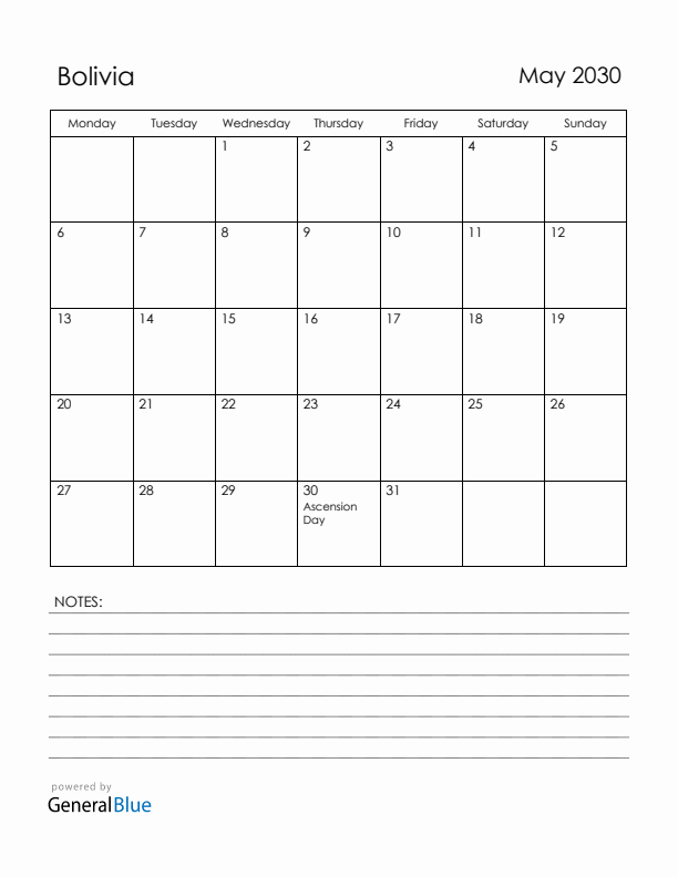May 2030 Bolivia Calendar with Holidays (Monday Start)