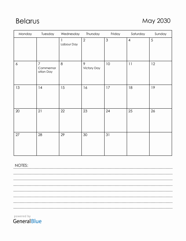 May 2030 Belarus Calendar with Holidays (Monday Start)