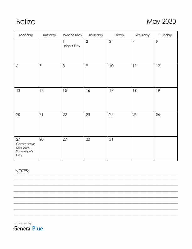 May 2030 Belize Calendar with Holidays (Monday Start)