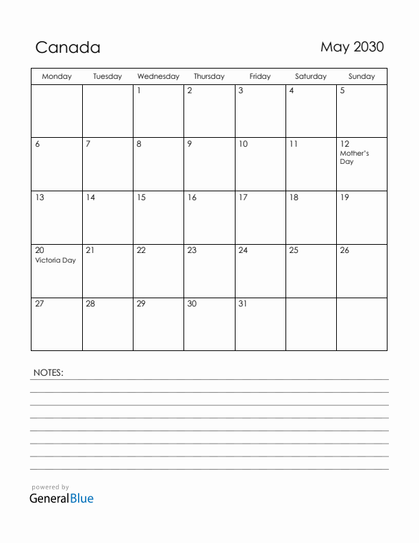 May 2030 Canada Calendar with Holidays (Monday Start)