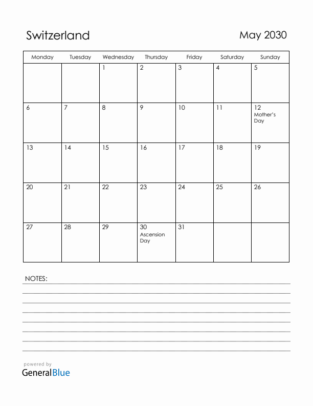 May 2030 Switzerland Calendar with Holidays (Monday Start)