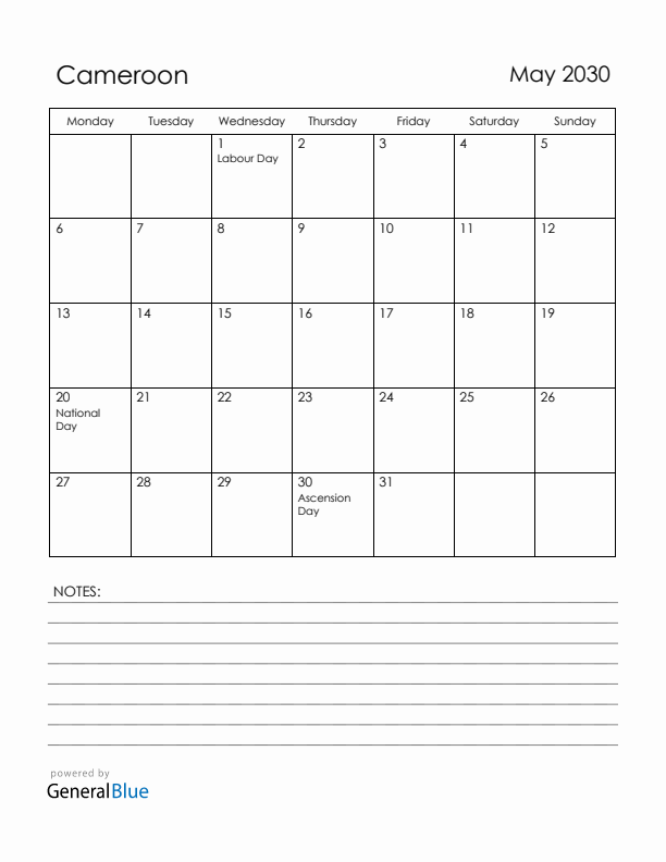 May 2030 Cameroon Calendar with Holidays (Monday Start)
