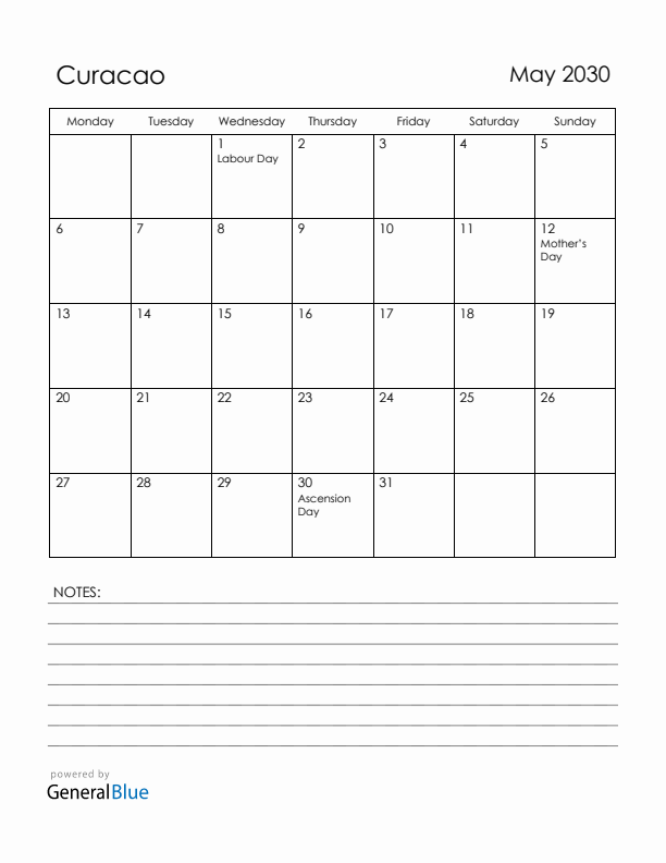 May 2030 Curacao Calendar with Holidays (Monday Start)