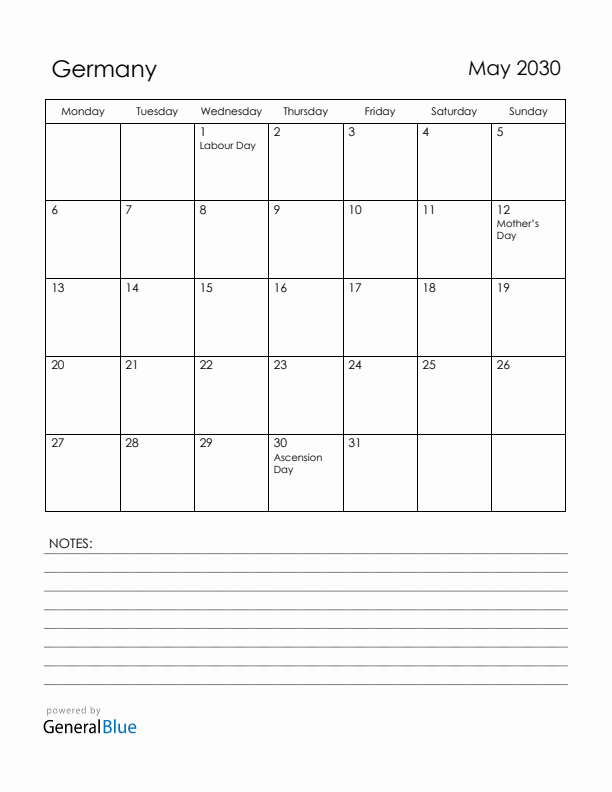 May 2030 Germany Calendar with Holidays (Monday Start)