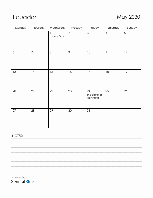 May 2030 Ecuador Calendar with Holidays (Monday Start)