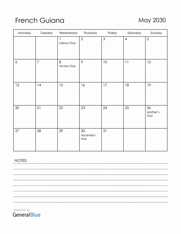 May 2030 French Guiana Calendar with Holidays (Monday Start)