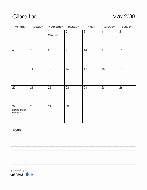 May 2030 Gibraltar Calendar with Holidays (Monday Start)