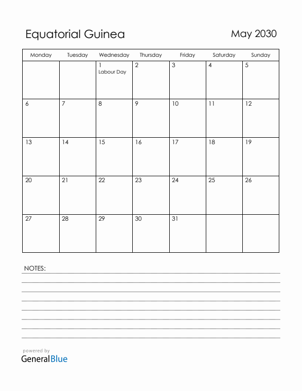 May 2030 Equatorial Guinea Calendar with Holidays (Monday Start)