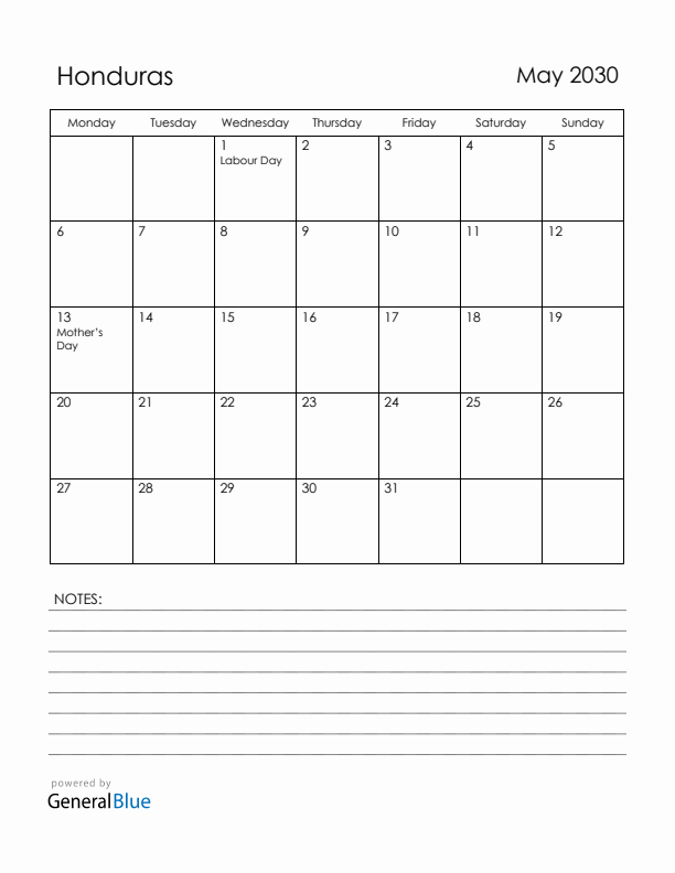 May 2030 Honduras Calendar with Holidays (Monday Start)