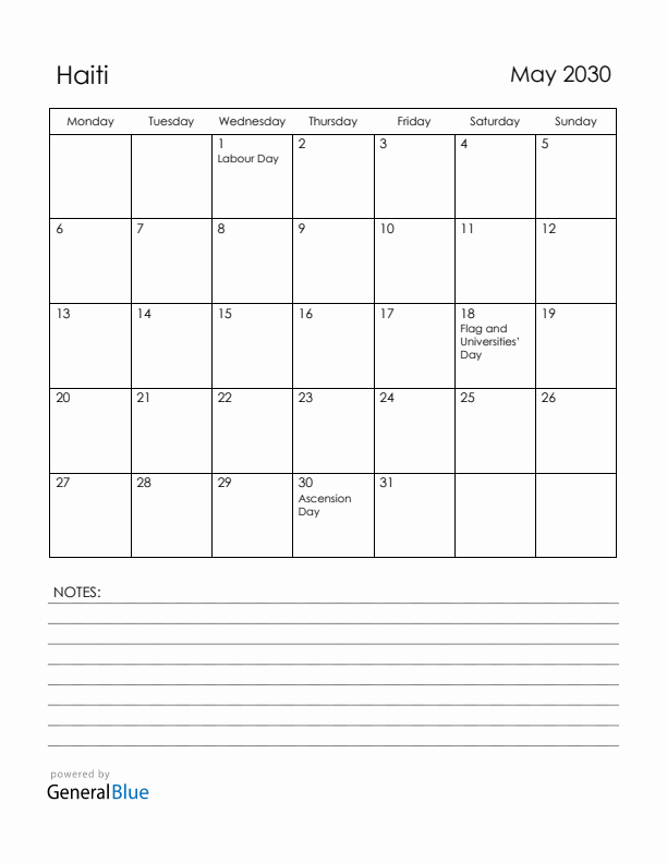 May 2030 Haiti Calendar with Holidays (Monday Start)