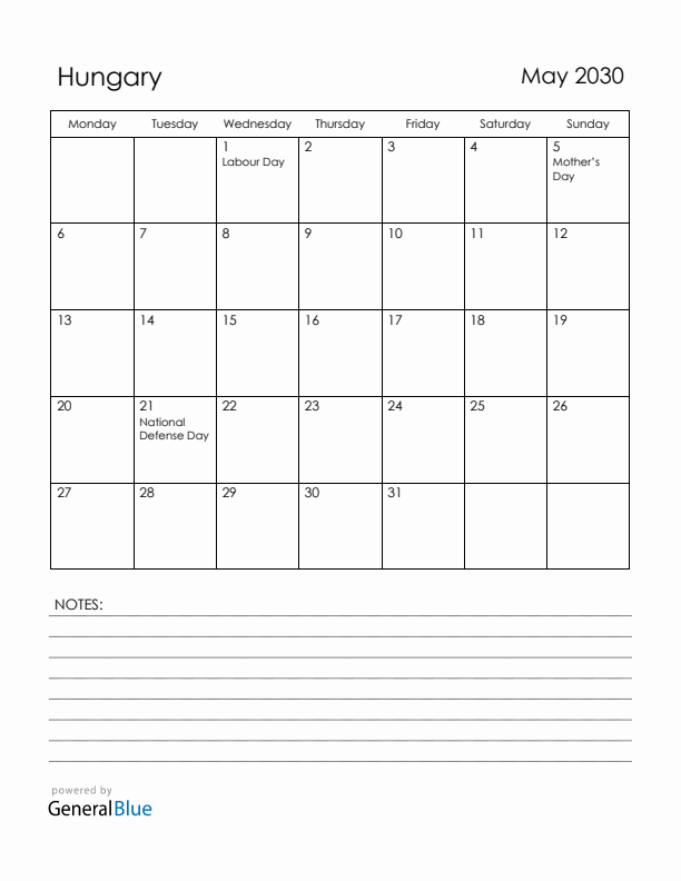 May 2030 Hungary Calendar with Holidays (Monday Start)