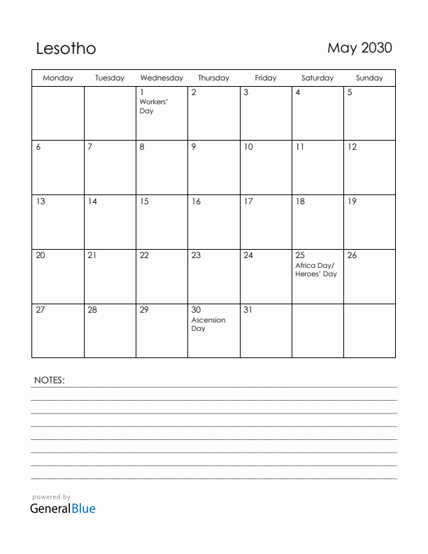 May 2030 Lesotho Calendar with Holidays (Monday Start)