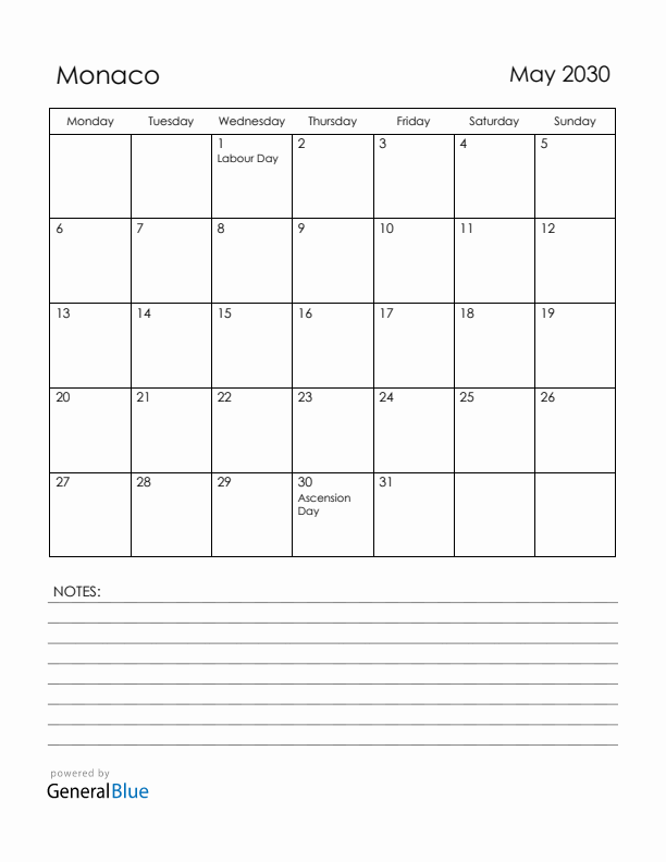May 2030 Monaco Calendar with Holidays (Monday Start)