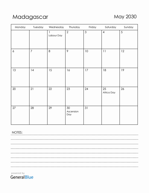 May 2030 Madagascar Calendar with Holidays (Monday Start)