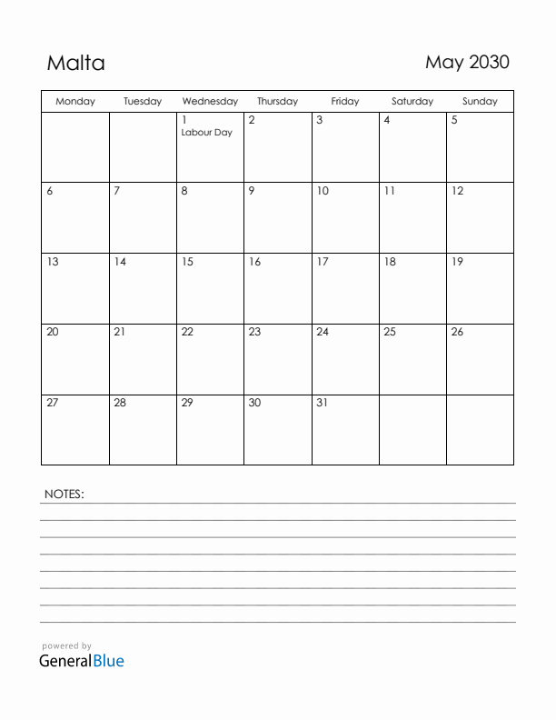 May 2030 Malta Calendar with Holidays (Monday Start)