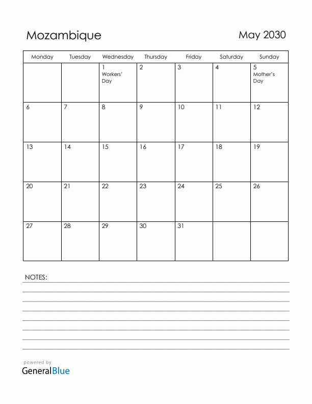 May 2030 Mozambique Calendar with Holidays (Monday Start)