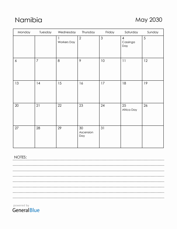May 2030 Namibia Calendar with Holidays (Monday Start)