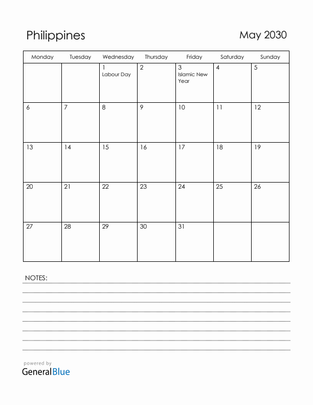 May 2030 Philippines Calendar with Holidays (Monday Start)