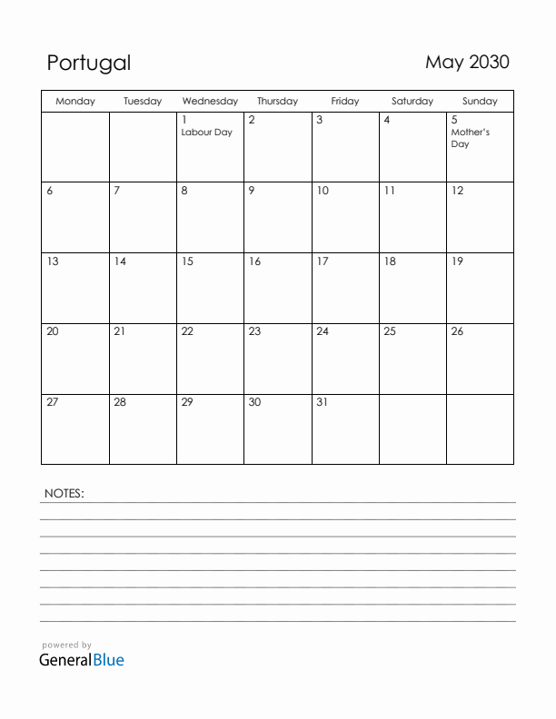 May 2030 Portugal Calendar with Holidays (Monday Start)