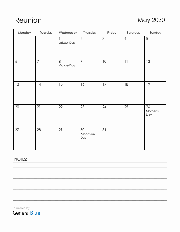 May 2030 Reunion Calendar with Holidays (Monday Start)