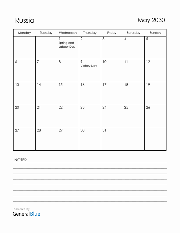 May 2030 Russia Calendar with Holidays (Monday Start)