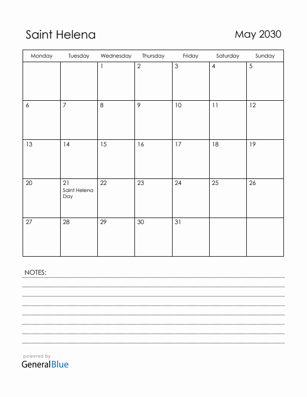 May 2030 Saint Helena Calendar with Holidays (Monday Start)