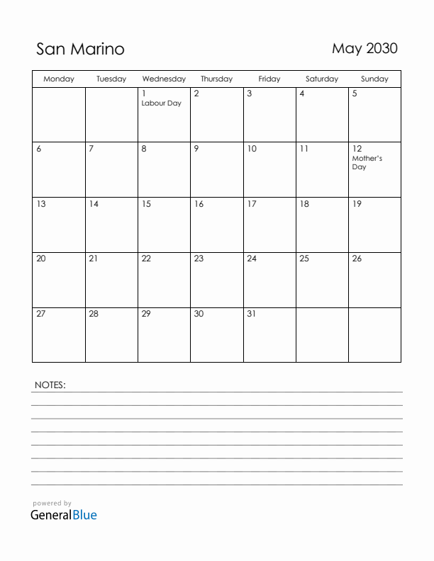 May 2030 San Marino Calendar with Holidays (Monday Start)
