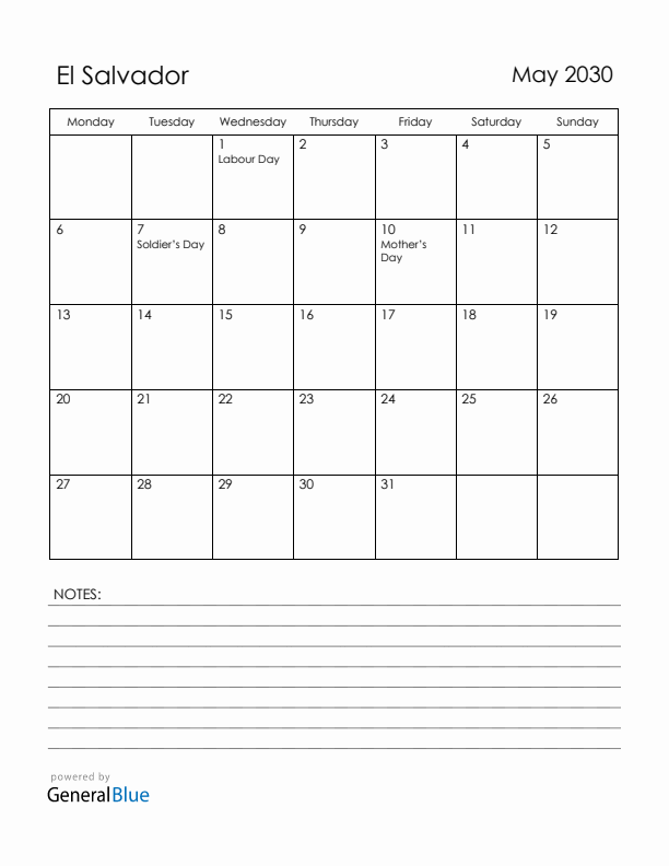 May 2030 El Salvador Calendar with Holidays (Monday Start)