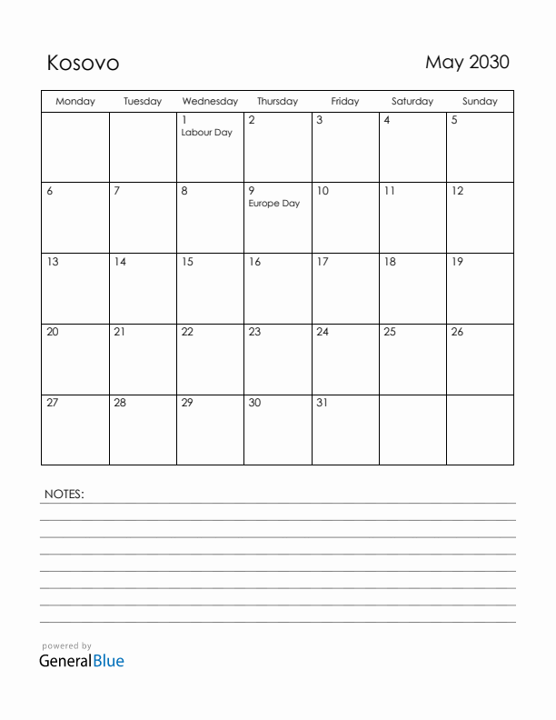 May 2030 Kosovo Calendar with Holidays (Monday Start)