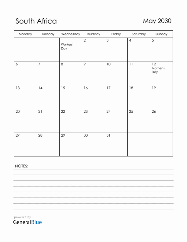 May 2030 South Africa Calendar with Holidays (Monday Start)